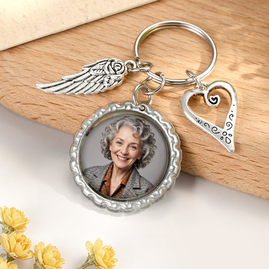Personalised Photo Heart Wing Keychain – circular alloy pendant with heart and wings, photo insert and engraved custom text, memorial keepsake