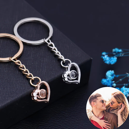 Personalised heart projection keyring in polished S925 sterling silver, heart-shaped micro-engraved pendant on a sturdy metal key ring