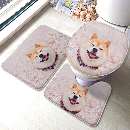 Personalised 3-piece photo bathroom mat set — rectangular floor mat, U-shaped basin/bath mat and O-shaped toilet cover with vivid print on soft flannel, non-slip backing