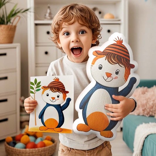 Personalised child's drawing plush in original hand-drawn shape, front view, custom keepsake with optional voice recording