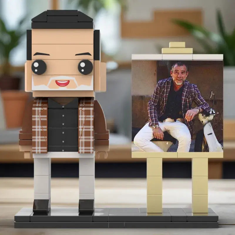Close-up of detailed face and hairstyle on a personalised brick figure made from your photo — unique personalised ornament