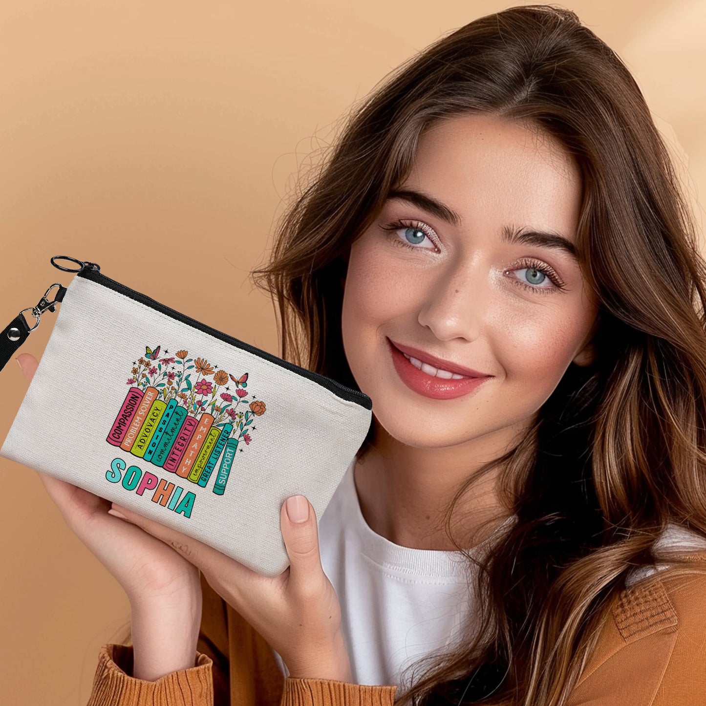 Canvas personalised name bag showing sturdy zipper and neat stitching, ideal for everyday use