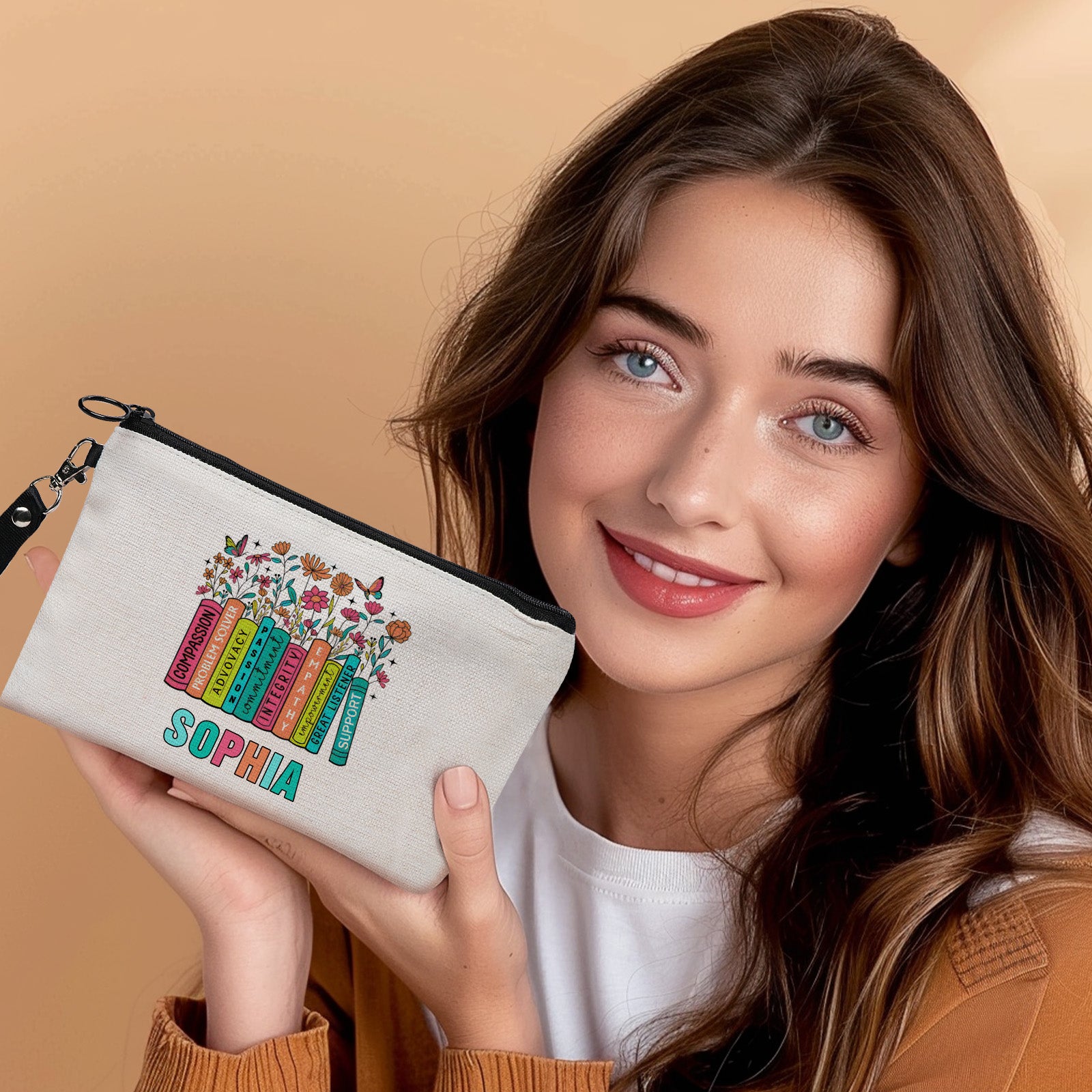 Canvas personalised name bag showing sturdy zipper and neat stitching, ideal for everyday use