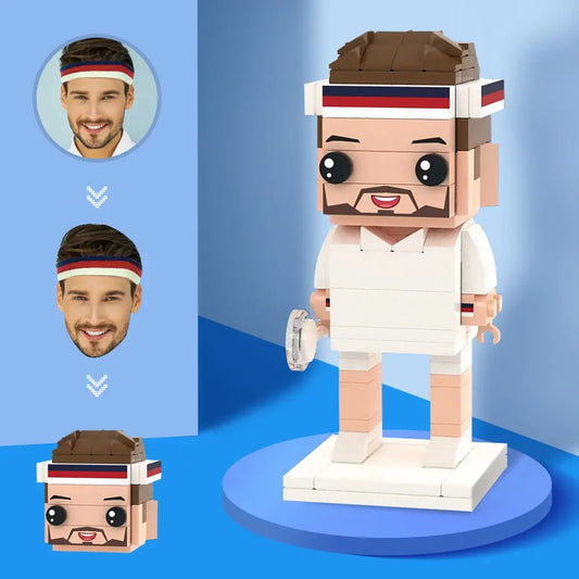 Customised tennis player brick figure standing pose, head and hairstyle tailored from photo, made from ABS eco-friendly blocks.