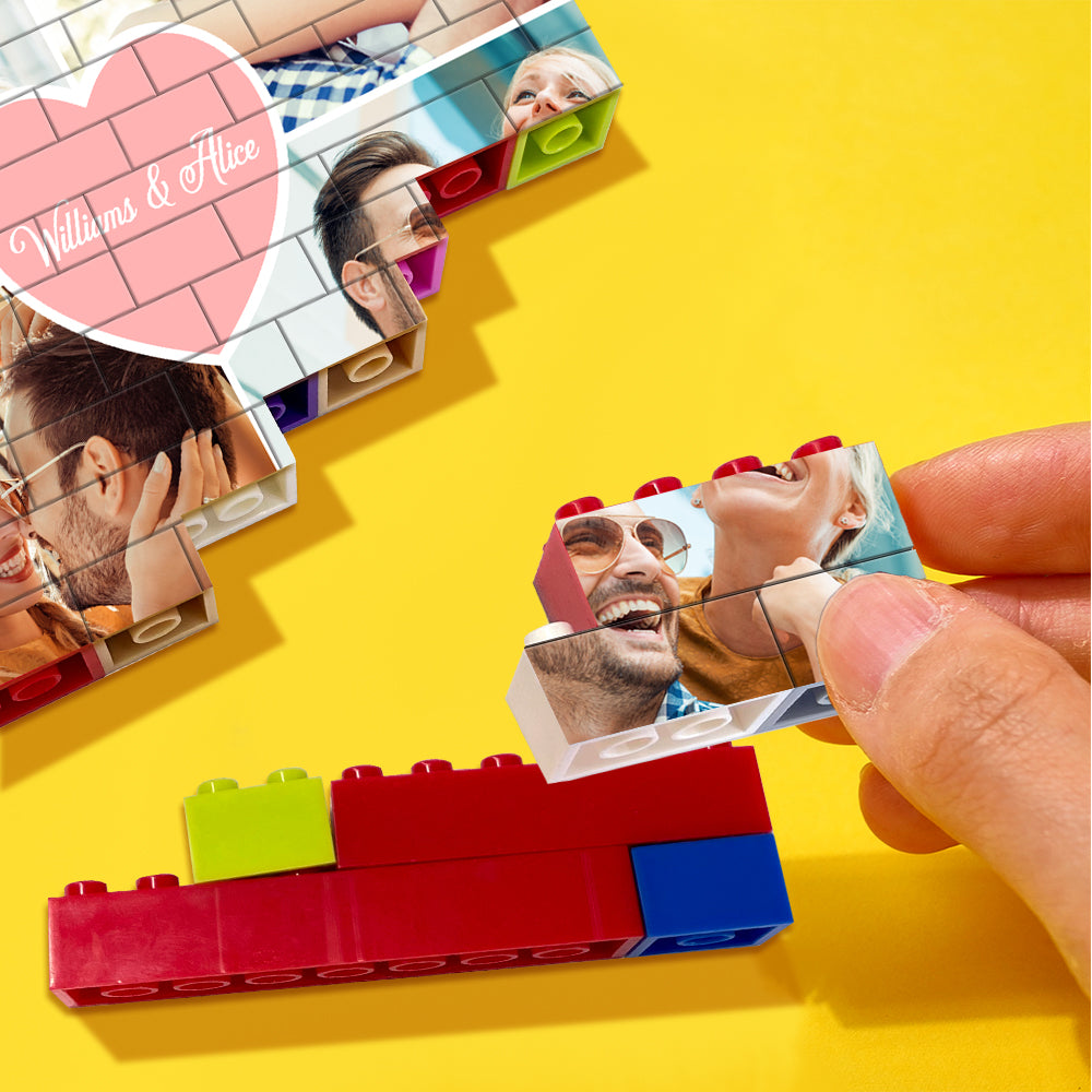 Close-up of interlocking rectangular PVC bricks from a personalised photo puzzle, highlighting studs and easy disassemble/reassemble design for a creative custom photo gift