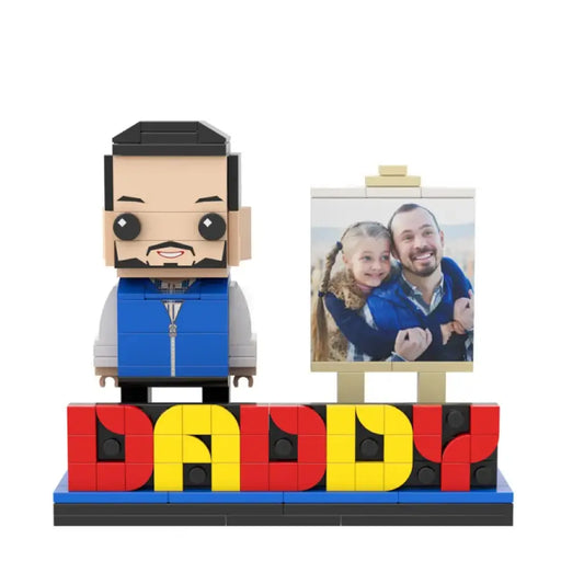 Front view of a handcrafted full-body customisable DADDY building block figure made from a photo — personalised Father's Day gift