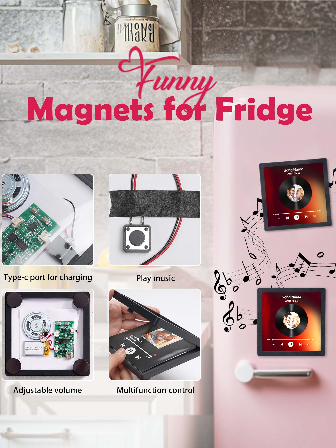 Close-up of personalised photo print on vinyl-look fridge magnet showing vibrant colours and optional personalised text custom music keepsake