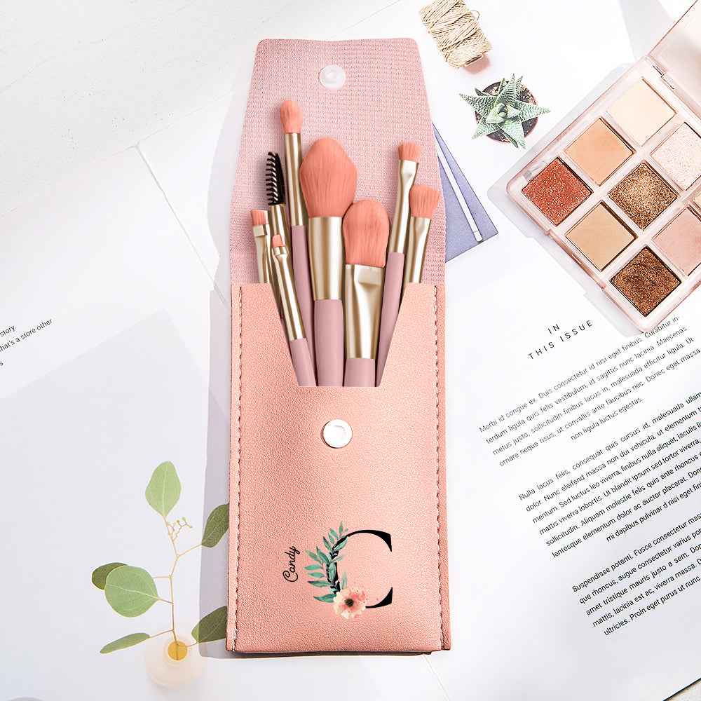 Personalized Flower PU Leather Makeup Brush Bag with 8 Pcs Makeup Brushes Gift for Her