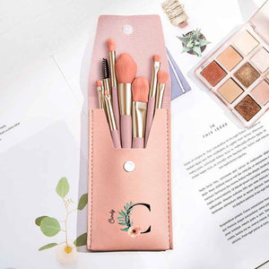 Personalized Flower PU Leather Makeup Brush Bag with 8 Pcs Makeup Brushes Gift for Her