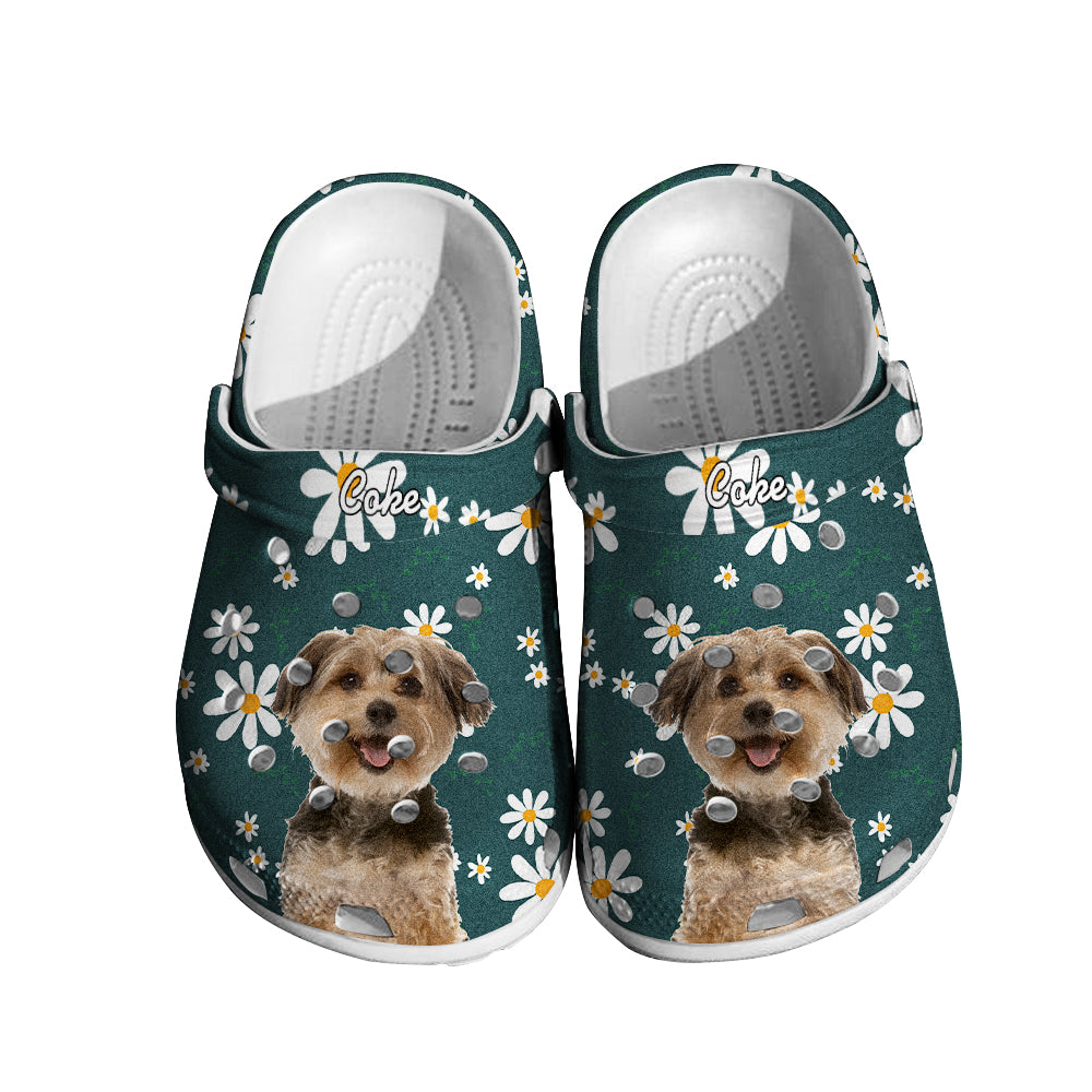 Close-up detail of customised pet face print on floral clogs, highlighting high-resolution pet photo and name on rubber material