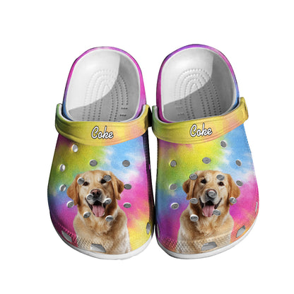 Close-up of colourful personalised pet face print on rubber clogs, showing detailed fur texture and custom name