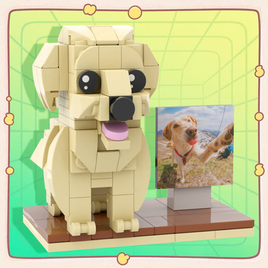 Close-up of a personalised dog minifigure in a frame, showing possible facial expression and hairstyle customization from pet photos.