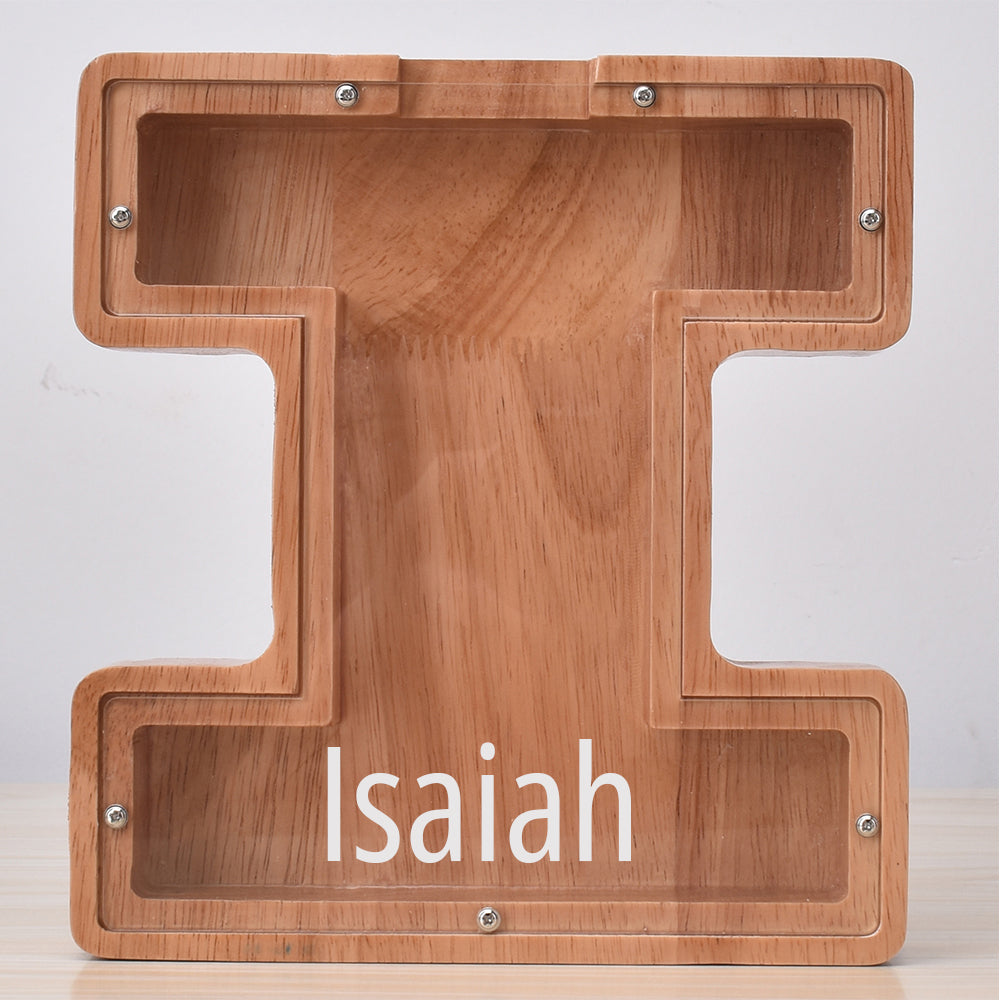 Personalised Oak Wooden Letter Money Box with Engraved Name | Handcrafted Piggy Bank