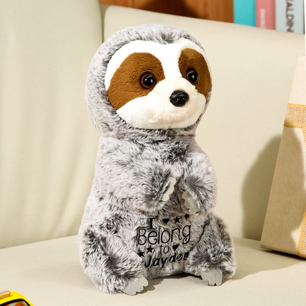 Handmade sloth plush detail showing plush texture and PP cotton filling lightweight travel friendly personalised baby gift