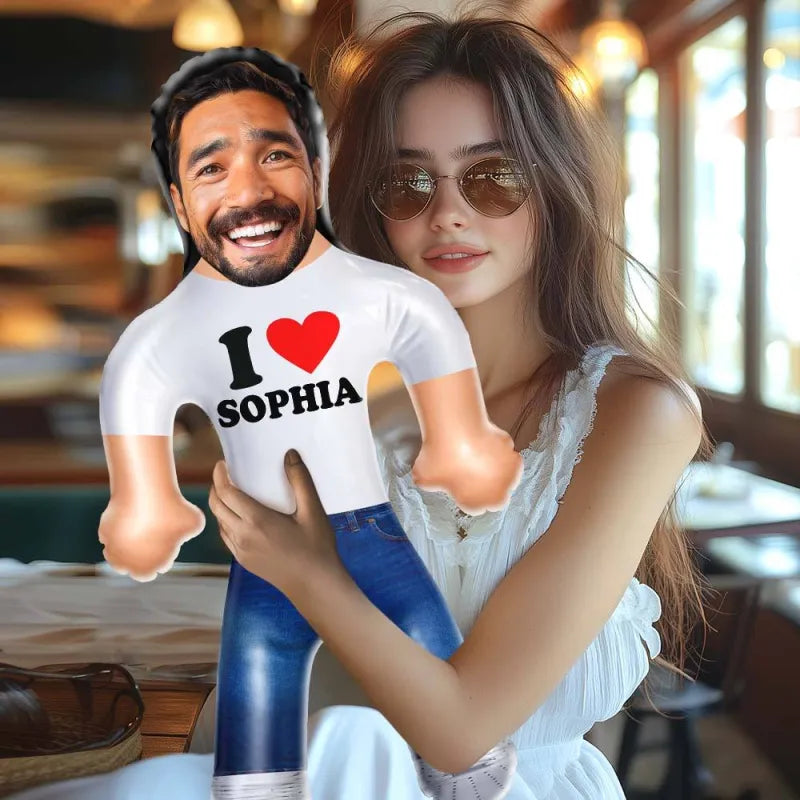 Front view of a personalised inflatable doll featuring a custom photo on durable PVC, a humorous gift for her.