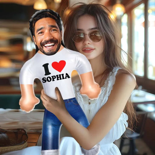 Front view of a personalised inflatable doll featuring a custom photo on durable PVC, a humorous gift for her.