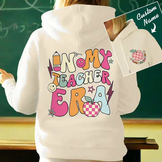 Personalised 'In My Teacher Era' hooded sweatshirt with custom name — perfect personalised teacher hoodie for back-to-school and teacher appreciation gifts