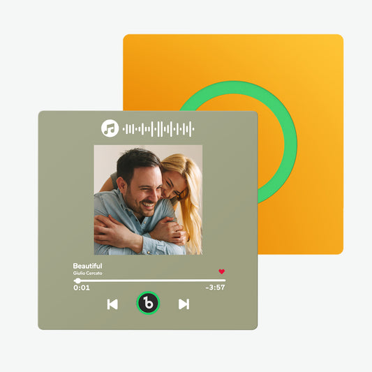 FridgeBeats Frameless personalised photo music fridge magnet — 10 cm acrylic playable album magnet featuring a custom photo and touch playback controls