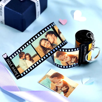 Personalised Film Roll Keychain displaying multiple custom photos on a vintage-style miniature reel — ideal anniversary photo gift