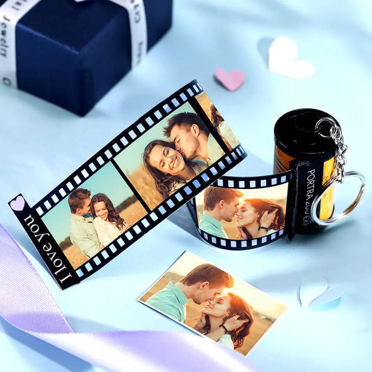 Personalised Film Roll Keychain displaying multiple custom photos on a vintage-style miniature reel — ideal anniversary photo gift