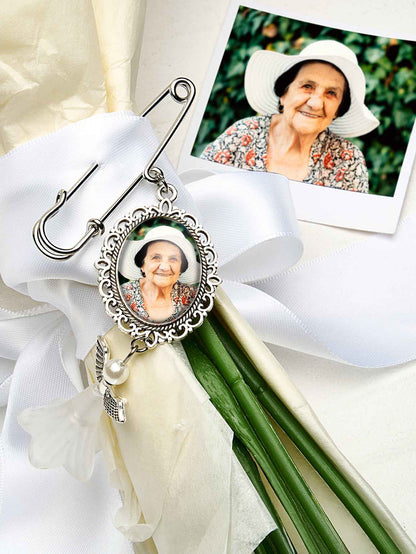 Personalized Angel Wings Pin Brooch Wedding Bouquet Photo Charm Wedding Memorial Gift for Bride