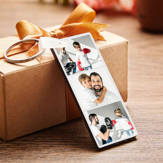 Personalised double-sided photo keyring with custom text — two-sided MDF keyring showing personalised photos and names, ideal birthday keepsake gift