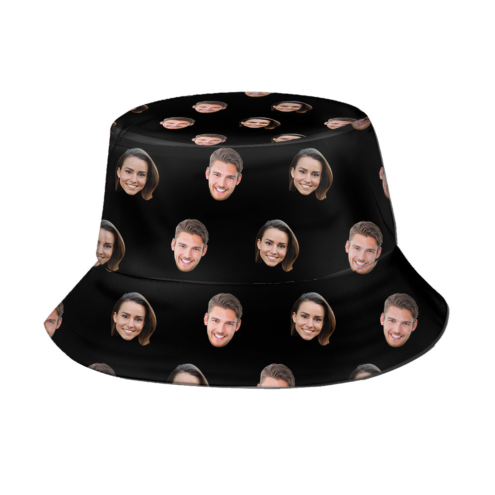 Close-up of heat transfer print on Custom Face Bucket Hat showing sharp vibrant colours and high-quality personalised photo printing