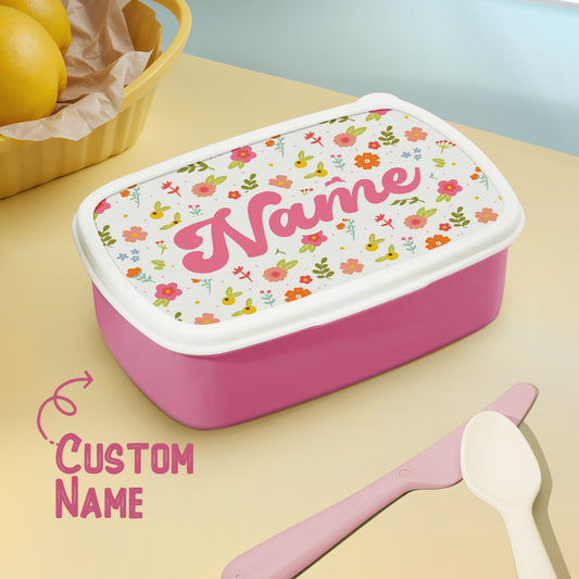 Personalised cute lunch box with colourful flowers and custom name – perfect birthday gift for kids and school lunchbox