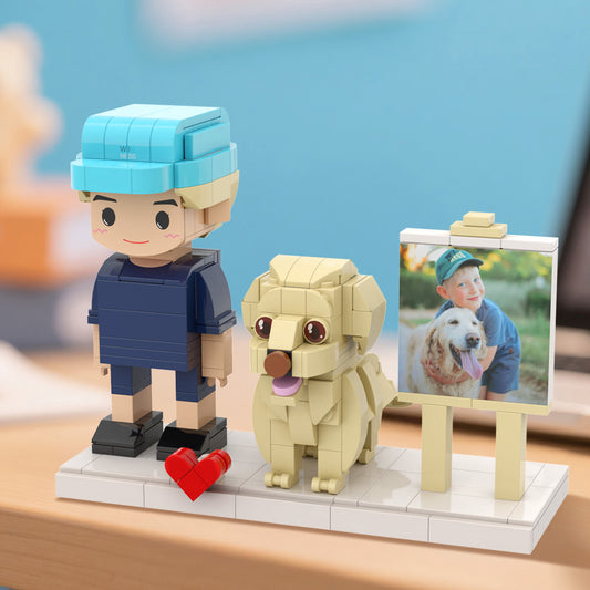 Custom full-body personalised brick figure of one person with dog in a neat frame – handcrafted eco-friendly ABS keepsake, ideal anniversary or birthday gift