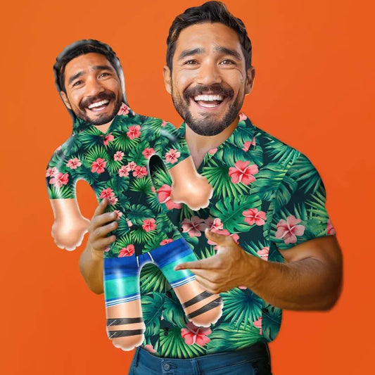 Personalised inflatable doll with a custom photo print, dressed in a tropical Hawaiian shirt, ideal party gag gift.