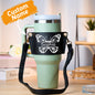 Adjustable strap and robust buckle detail of personalised water bottle carrier for 40oz Stanley tumblers — durable PU leather