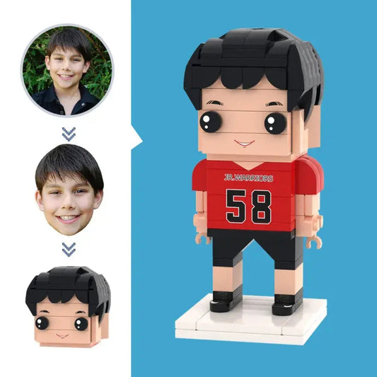 Personalised basketball boy brick head figure front view — personalised minifigure head on fixed basketball body, eco-friendly ABS bespoke block art gift