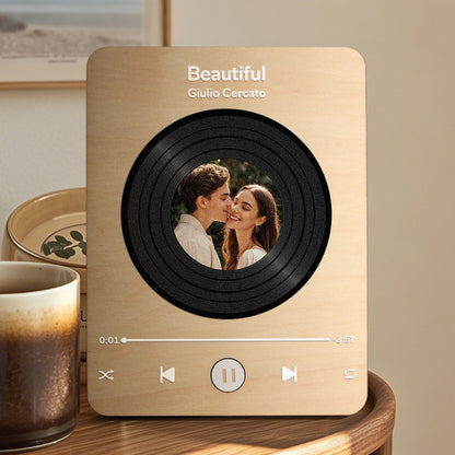 Wood grain detail and premium materials on personalised music record player — handcrafted feel for vintage decor lovers
