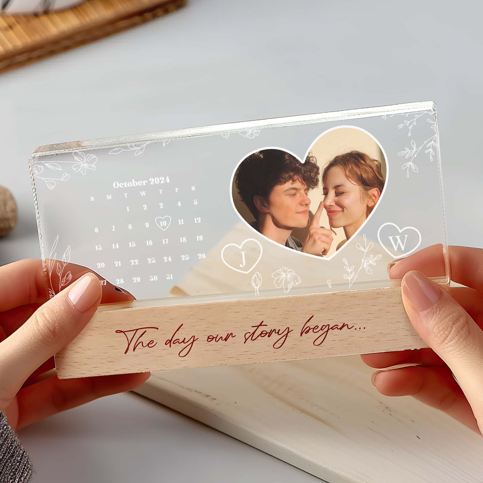 Close-up of personalised calendar engraving on acrylic Photo Night Light showing high-resolution print and delicate detailing for custom gifts