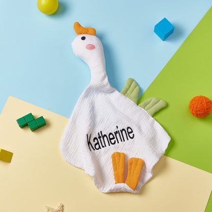 Personalised baby soothing towel flat-lay with embroidered name and soft swan motif — soft cotton personalised swan comforter for newborns