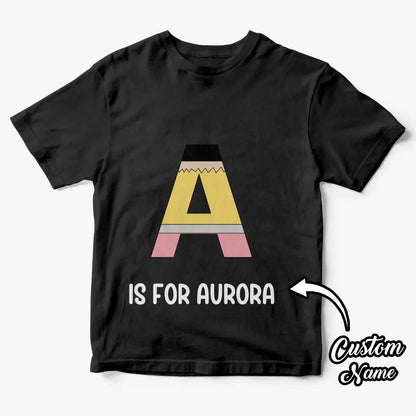 Personalised Back to School Pencil T-shirt front view with custom name — perfect first day of school gift for kids