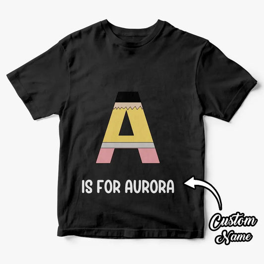 Personalised Back to School Pencil T-shirt front view with custom name — perfect first day of school gift for kids