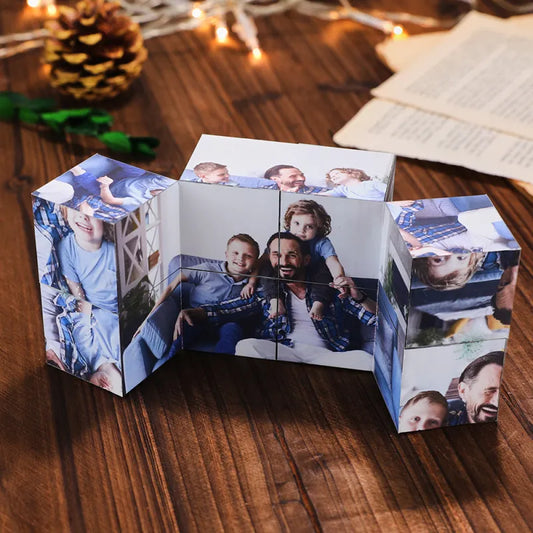 Personalised Photo Cube — custom Rubik's-style infinity folding cube featuring a high-resolution family photo, ideal Father's Day gift and personalised keepsake