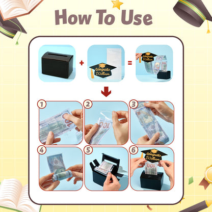 Multiple-angle view of personalised graduation cap money box showing sturdy cardboard and transparent pockets