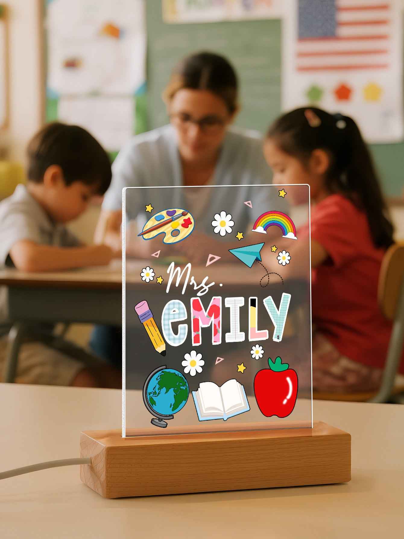 Custom Engraved Back to School Transparent Night Light with Stationery Design White Light Teacher's Day Gift