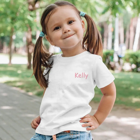 Personalised embroidered name kids T-shirt in white 100% cotton – custom birthday gift for boys and girls (UK & Australia)