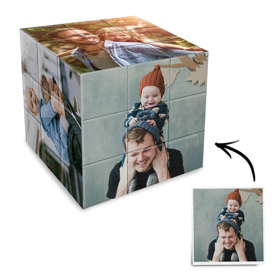 Custom Multi-Photo Rubik's Cube front view displaying personalised family photos – 3x3 functional puzzle, ideal personalised gift for father and children