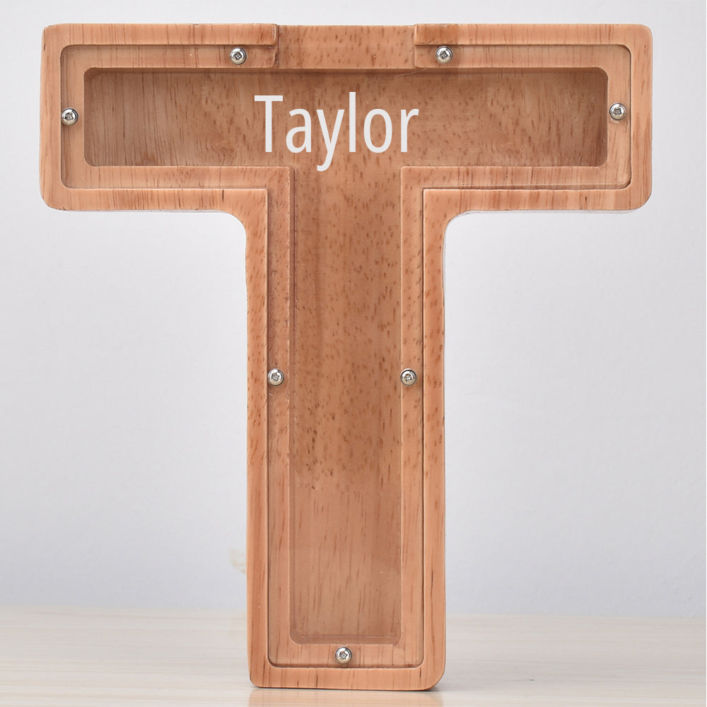 Personalised Oak Wooden Letter Money Box with Engraved Name | Handcrafted Piggy Bank