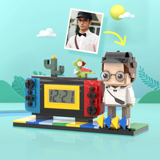 Personalised brick figures clock in handheld game console style, front view showing custom minifigure portrait and clock display — perfect personalised photo gift for him and gamers