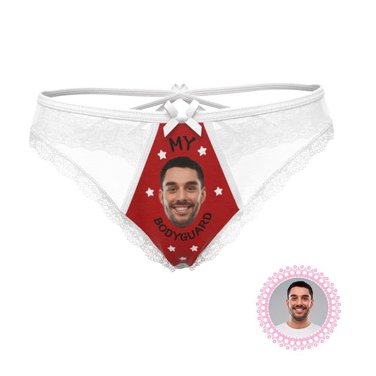 Personalised Face Thong 'MY BODYGUARD' – black lace modal sexy panties with a vivid custom photo print on the front and elastic waistband, ideal personalised underwear gift for boyfriend or husband