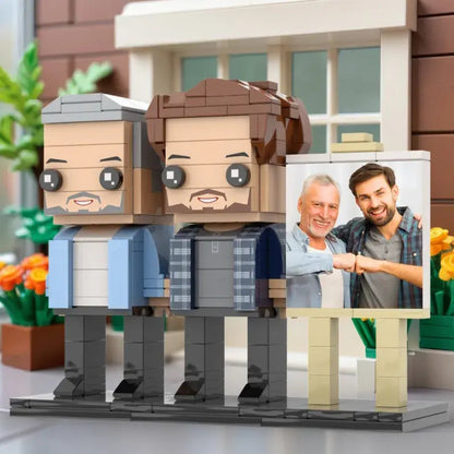 Personalised two-person brick figures displayed on a shelf in a decorative frame perfect gift for dad or husband