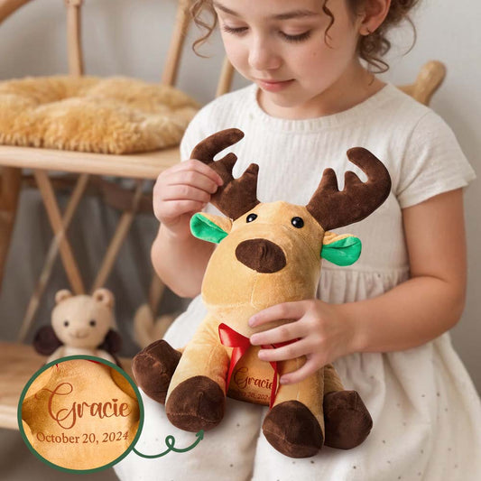 Front-facing personalised moose plush teddy with custom text on the belly — gender-neutral baby shower gift, soft plush filled with PP cotton, 32 cm x 28 cm