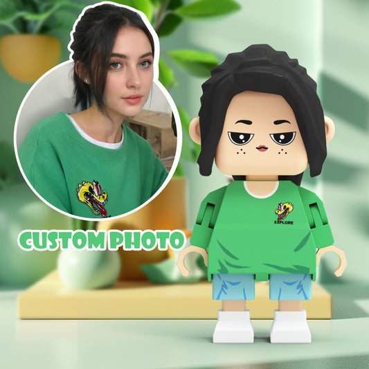 Personalised Giant Minifig — full‑body, fully customisable brick figure in eco‑friendly PLA with customised hairstyle, facial expression and outfit colours, perfect personalised gift for her
