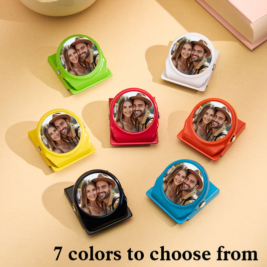 Colourful Personalised Photo Magnets (3cm x 3.5cm) – custom metal magnetic clips displaying a family photo on a fridge