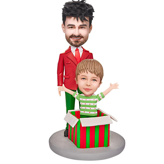 Daddy's Gift personalised polymer clay bobblehead with engraved base and custom head sculpted from your photo – pre-styled body, ideal personalised gift for Dad